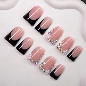 Black and Pink Rhinestone Press-On Nail Set